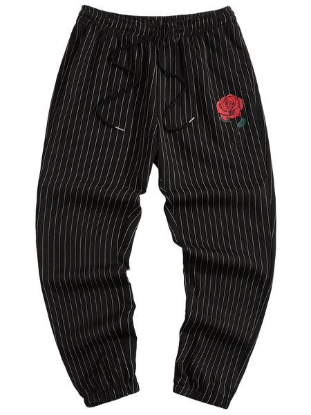 

men striped & floral print pants j64h#, Black
