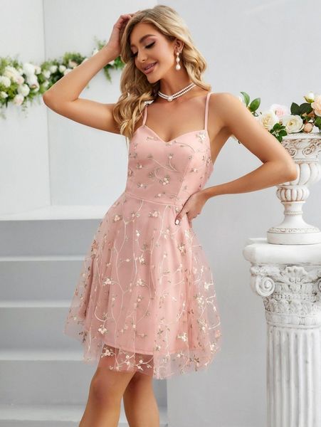 

criss cross tie back floral embroidery mesh cami dress e7yq#, Black;gray