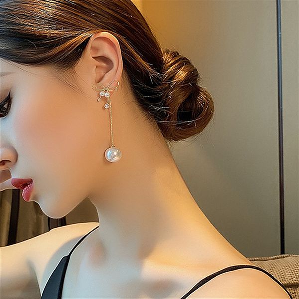 Baumeln Kronleuchter Mode Bowknot Große Perle Ball Lange Ohrringe Für Frauen Koreanischen Stil Elegante Brincos Schmuck