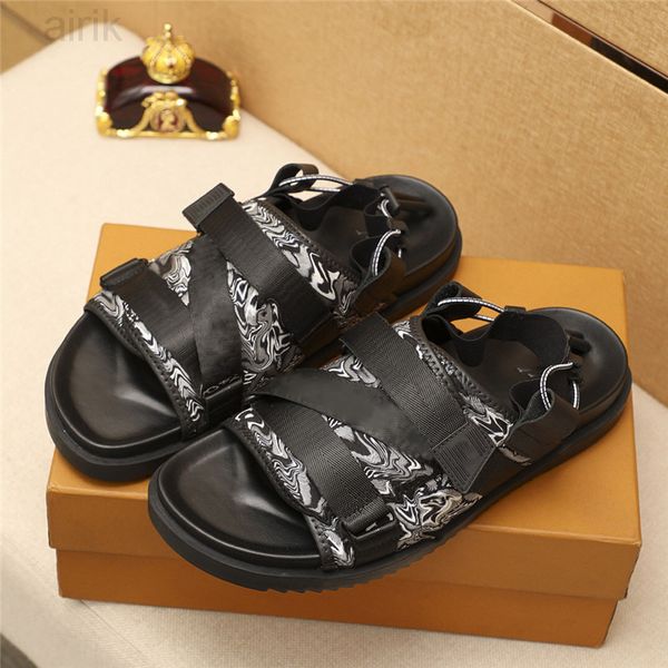 

men's sandals summer layer leather slippers fashion beach slide printing alphabet flip flop breathable non-slip soft soles sandal, Black