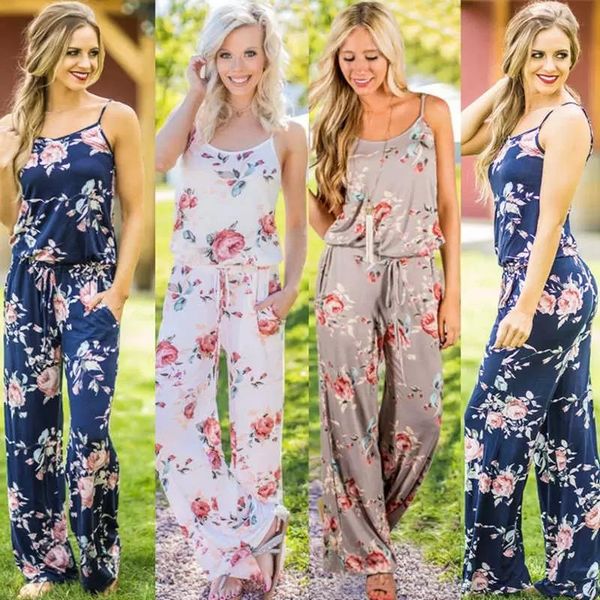 

2018 women strap floral print romper jumpsuit sleeveless beach playsuit boho summer jumpsuits long pants colors, White