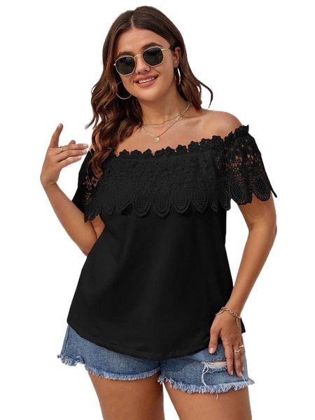 

plus contrast guipure lace off the shoulder i4od#, Black