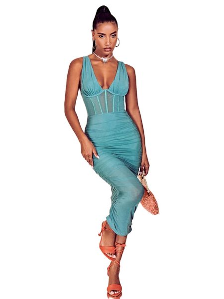 

bae deep v neck ruched sheer bodycon dress b2qq#, Black;gray