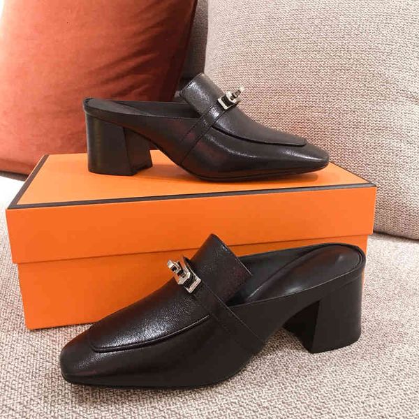 

dress shoes women's shoes genuine leather mules high heels metal decoration slippers designer pumps square toe spring, Black