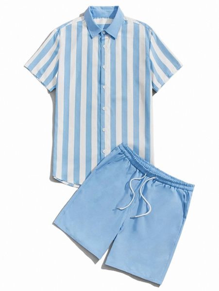 

romwe guys striped shirt & drawstring shorts e4yz#, Gray
