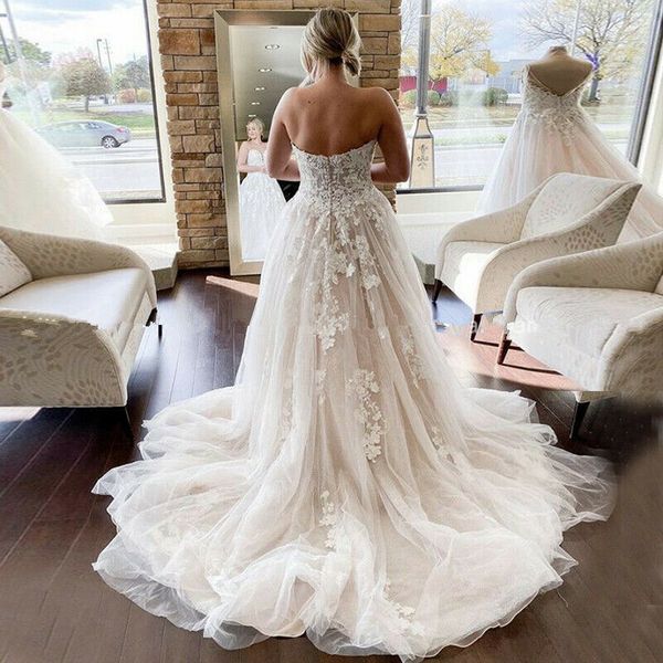 

plus size wedding v neck garden strapless sleeveless lace a line sweep train appliques bridal gowns custom made, White