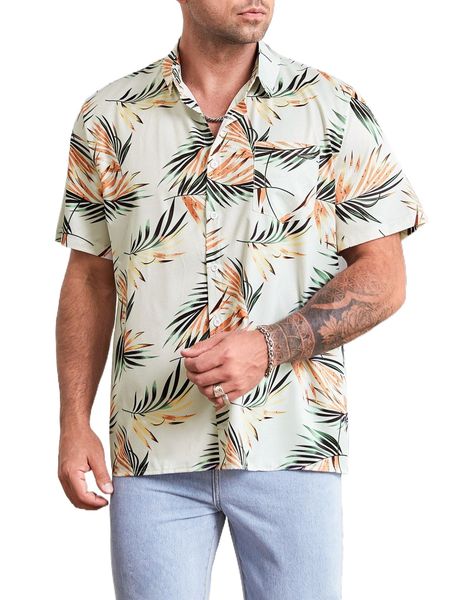 

extended sizes men tropical print pocket patched shirt h5yp#, White;black