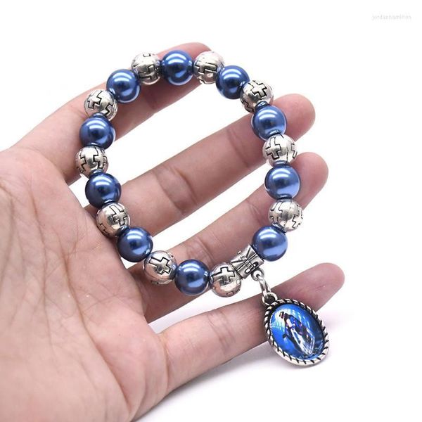 Catena a maglie Glamour Holy Lady Of Grace Bracciale con ciondolo in lega di vetro Rosario per le donne Regalo di gioielli cattolici religiosi