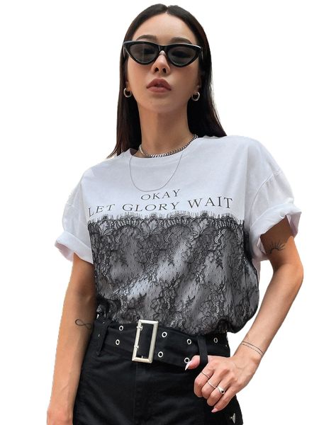 

dazy slogan graphic contrast lace tee k7ur#, White
