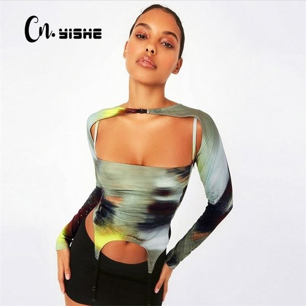 

cnyishe tie dye cropped shirt long sleeve slim streetwear tshirt tee casual boho print outfits spring crop 220606, White