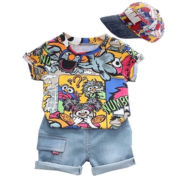 

cool kid boys summer clothes outfit with sunhat fashion graffiti short sleeved t shirt denim shorts set children pants clothing 220620, White