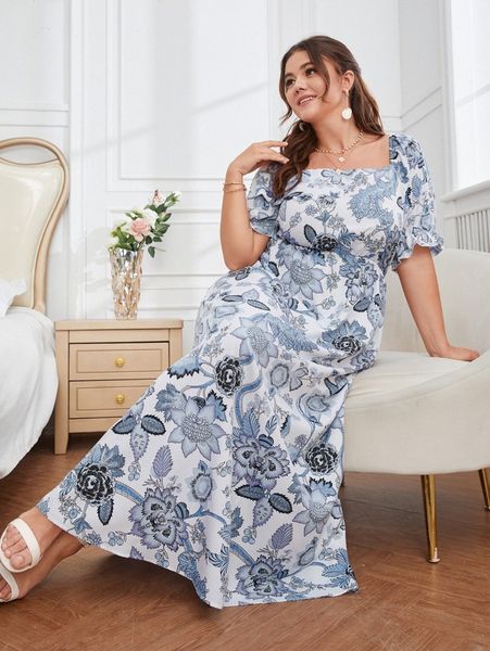 

plus all over floral print square neck dress z60q#, Black