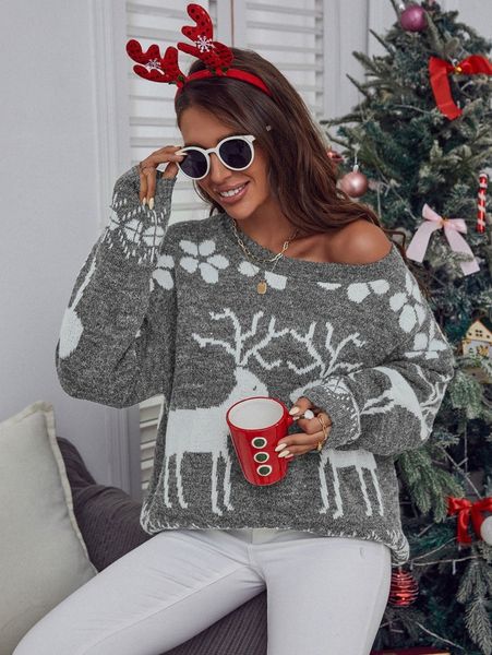 

christmas pattern drop shoulder sweater h4mr#, White;black