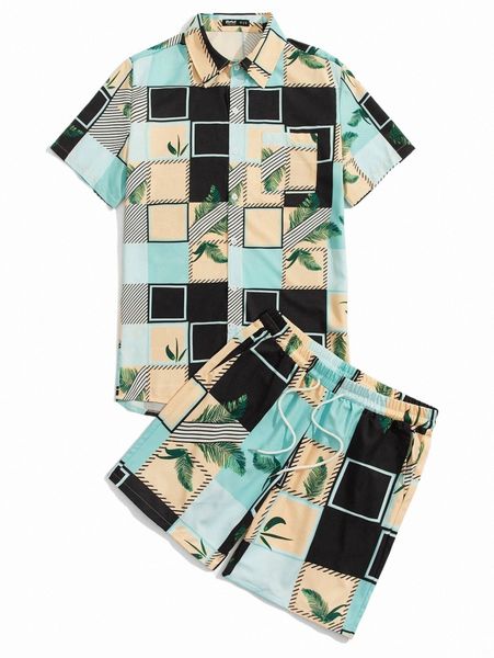 

romwe guys tropical print shirt & drawstring shorts d7mp#, Gray