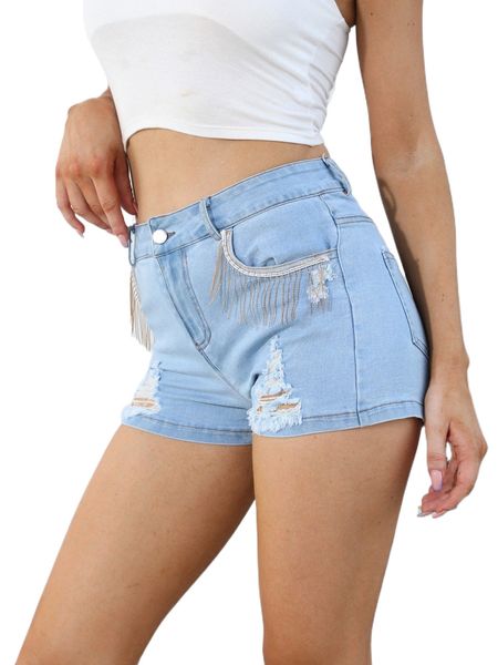 

fringe trim ripped frayed denim shorts a758#, White;black