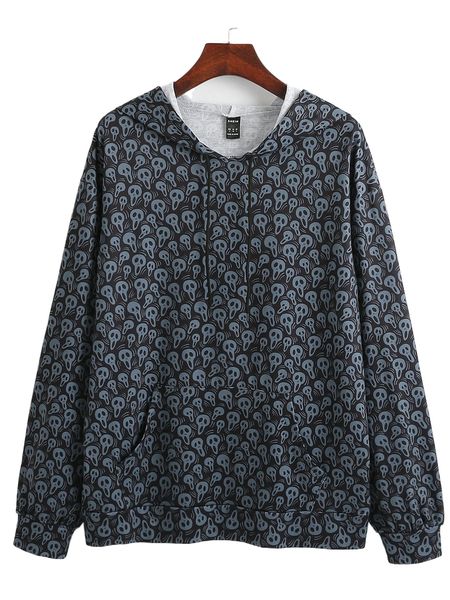 

allover ghost print kangaroo pocket drawstring hoodie e5e7#, Black