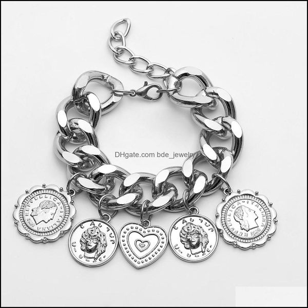 

charm bracelets vintage embossed bracelet female color heart figure round circle charms drop delivery 2021 jewelry bdejewelry dhjzx, Golden;silver