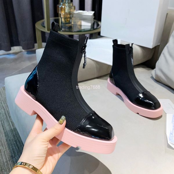 

boots korean women's shoes square toe autumn winter elastic thin boots fashion thick heel front zipper short chelsea martin, Black