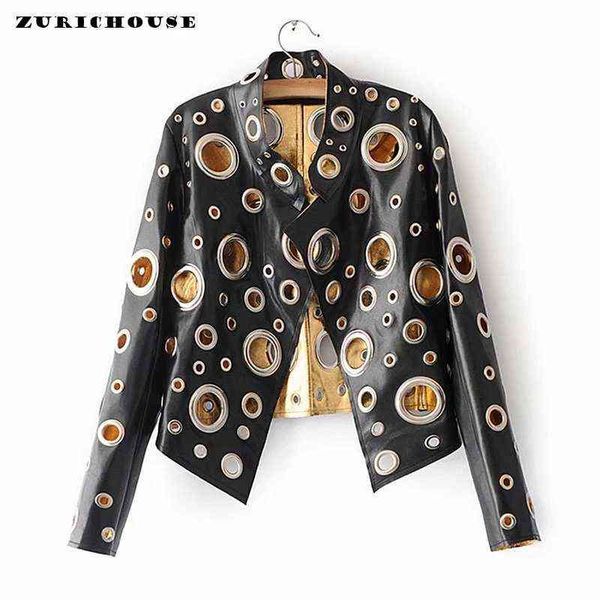 Jaqueta de couro PU Mulheres Steampunk Cropped Coat Chic Bronzing Metal Ring Hollow Out Moto Jackets Streetwear Jaqueta de Coro L220728