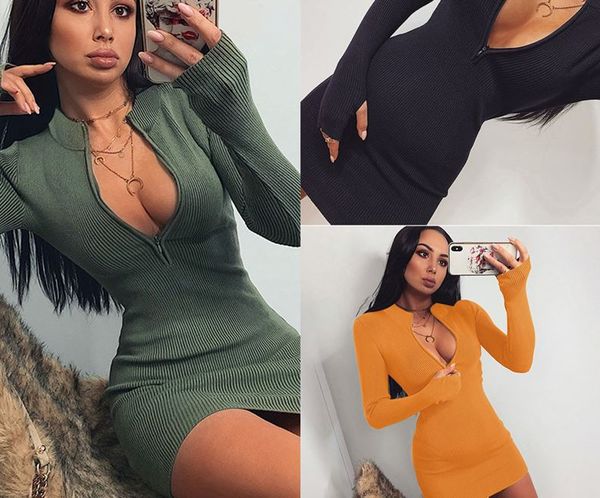

women winter fall bodycon ribbed dress new stand collar zipper deep v-neck solid stretch bodycon pencil party mini vestido, Black;gray