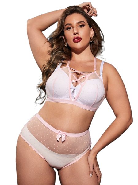 

plus dobby sheer mesh cross front lingerie set h92m#, Black;white