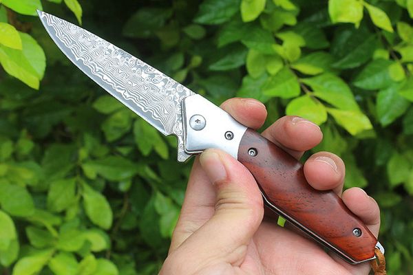 Coltello tascabile Flipper Damasco di alta qualità VG10 Lama in acciaio damasco Acciai in palissandro Testa Maniglia Cuscinetto a sfere Coltelli EDC Strumenti con fodero in pelle