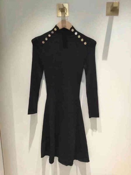 

casual dresses fadan  family spring and summer lady style half high collar metal button slim fitting knitted dress, Black;gray