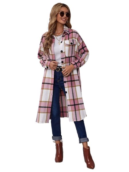 

plaid flap pocket drop shoulder curved hem coat a4qo#, Black