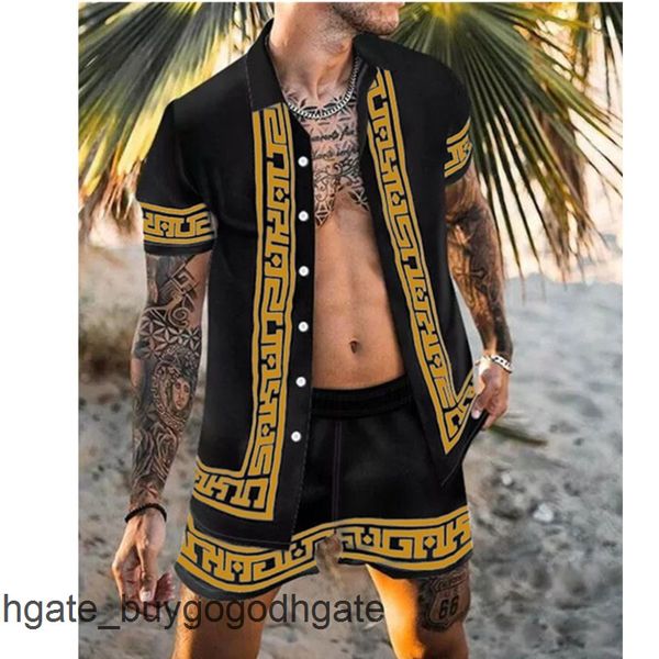 

summer luxury mens tracksuit hawaiian sets t-shirts printing fashion men swim short sleeve button shirts beach shorts streetwear casual shir, Gray