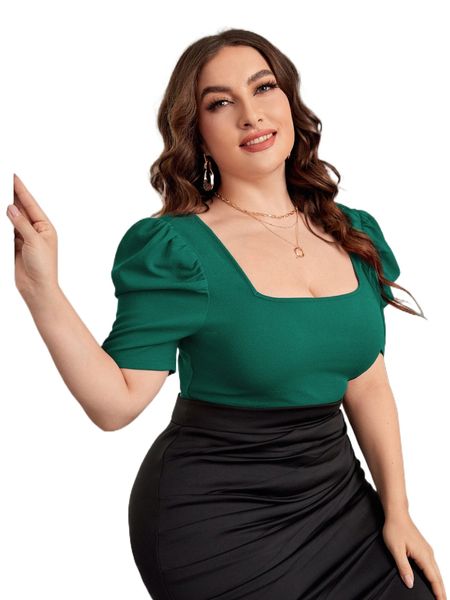 

plus square neck puff sleeve tee k1ul#, Black