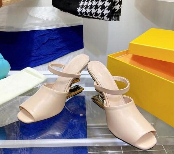 

luxury first sandals women slides leather high-heeled sandals pink black white beige slippers sheepskin stiletto sandal gold metal diagonal
