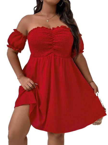 

plus off shoulder shirred frill trim dress s4lu#, Black