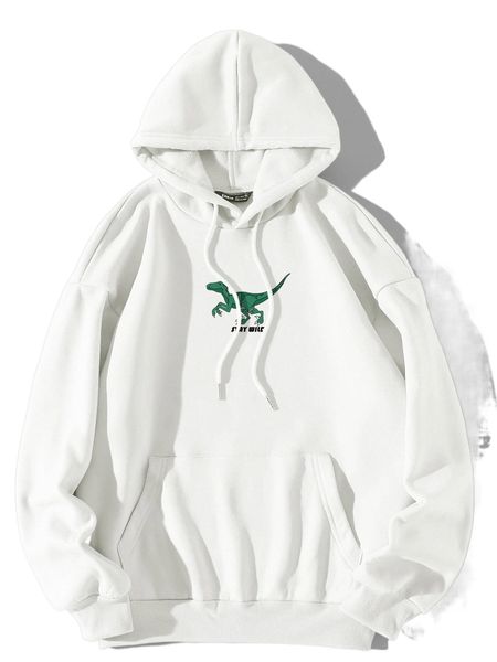 

dinosaur & letter graphic kangaroo pocket drawstring thermal hoodie c5aa#, Black