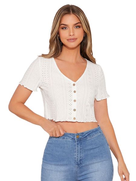 

button detail lettuce trim crop schiffy tee t9mw#, White
