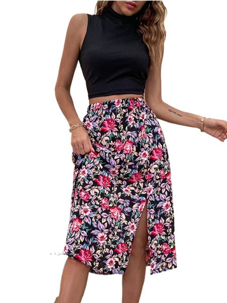 

mock neck crop tank & floral print split thigh skirt z8su#, White