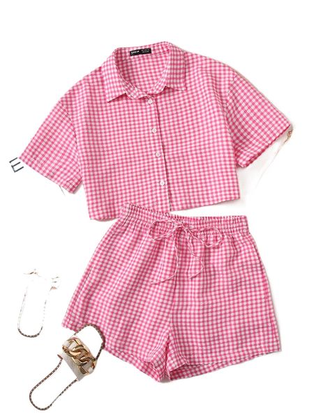 

gingham drop shoulder crop shirt & drawstring waist shorts g2jl#, White