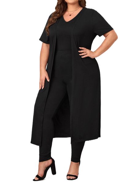 

plus solid tank & leggings & coat l3op#, Black