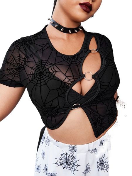 

plus spiderweb pattern cut out o-ring detail mesh without bra t7er#, Black