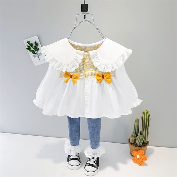 

1 2 3 4 years baby girl lace fold clothes cute kid autumn + denim jeans trousers children girls costume 220326, White