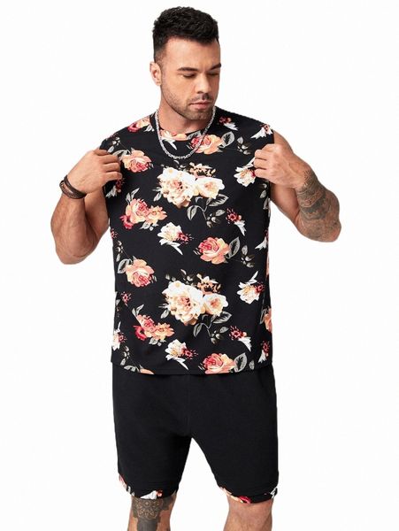 

extended sizes men floral print tank & contrast binding track shorts q1oe#, Gray