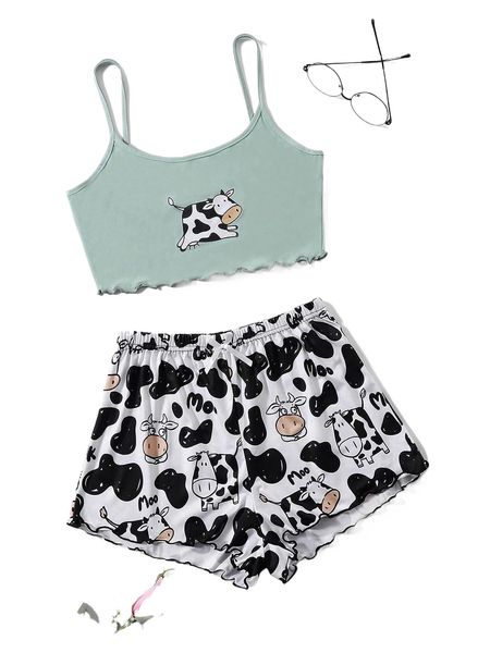 

cow print lettuce trim pj set 48zx#, Black;red