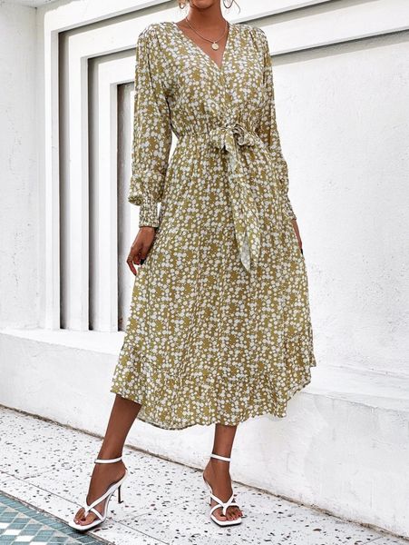 

random ditsy floral print shirred cuff lantern sleeve ruffle hem belted dress o9nq#, Black;gray