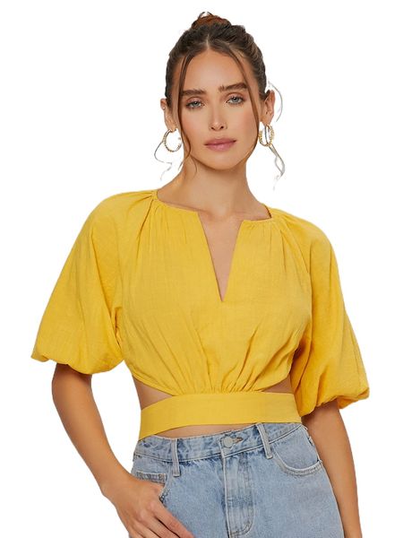 

notched neck puff sleeve tie back crop blouse 620k#, White