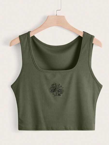 

plus mushroom embroidery ribbed tank l9ok#, Black