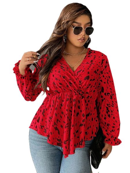 

plus allover print peplum blouse 15bq#, Black