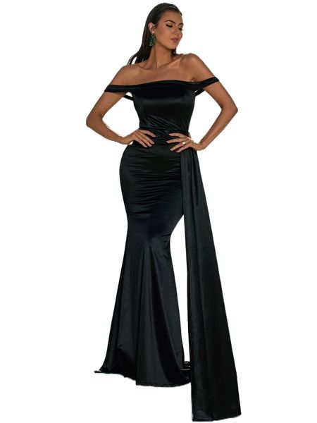

missord off shoulder draped side mermaid hem satin formal dress u4h4#, Black;gray