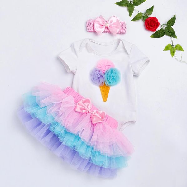 

tutu baby birthday set short sleeve romper pettiskirt girls 3 pcs clothing sets summer style, White