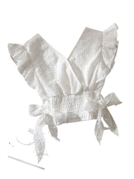 

ruffle trim knot side shirred schiffy blouse v2bi#, White