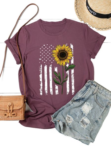

plus american flag & floral print tee 45vd#, Black