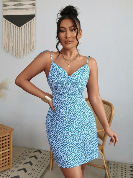 

ditsy floral tie shoulder backless cami dress a8b7#, Black;gray